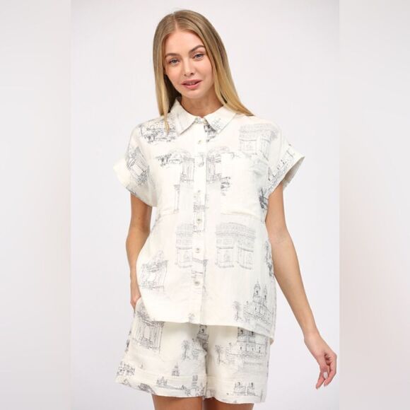 103. Scenic Print Linen Shorts & Shirt Set - Picture 2 of 9